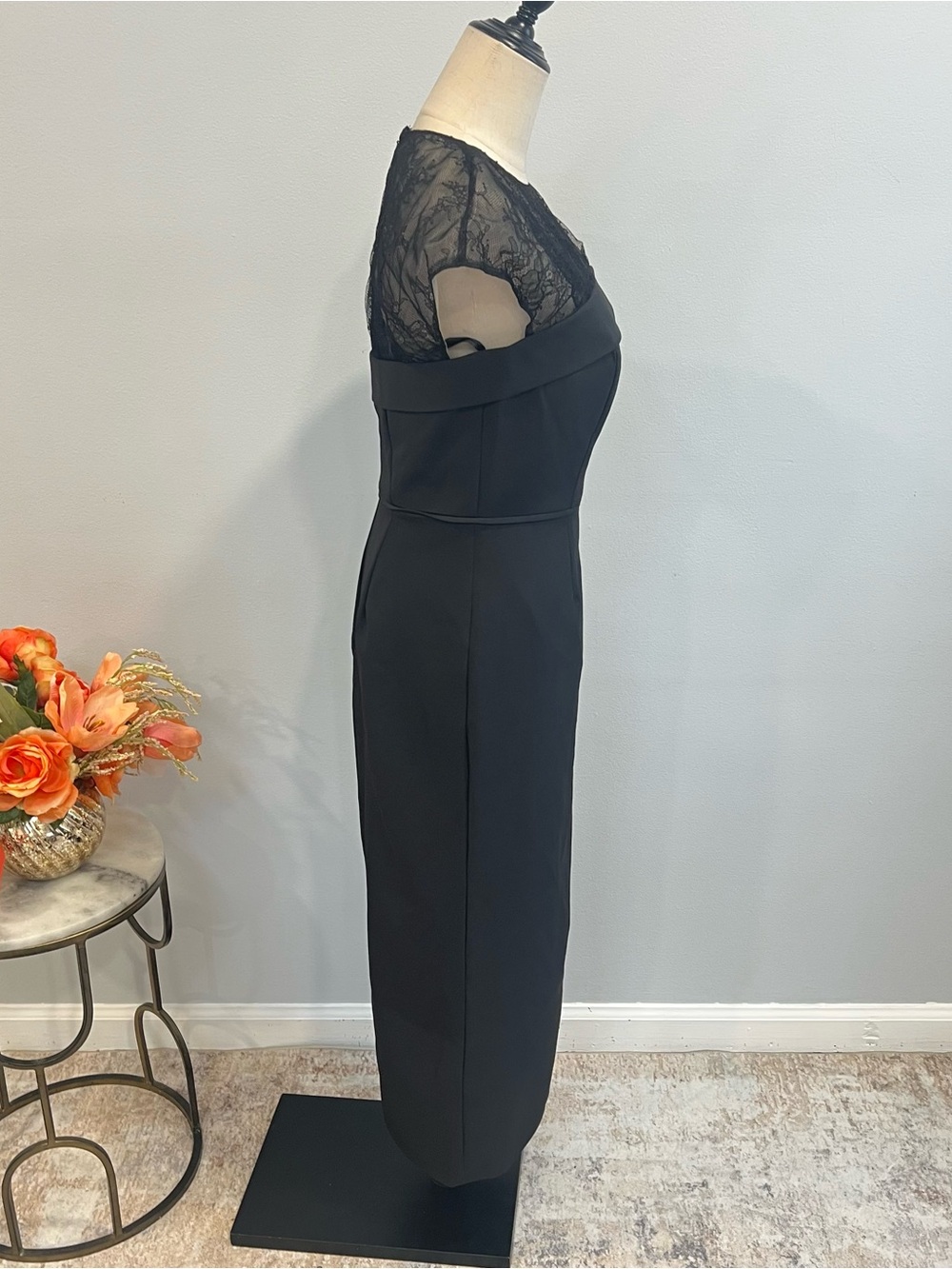 Mac Duggal Black Sheer Lace Illusion Crepe Cap Sleeve Midi Cocktail Dress - Picture 16 of 17
